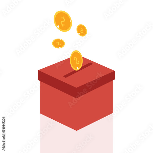 Donation box charity to the poor and needy people. Gold coins pouring into the donation box  Vector illustration