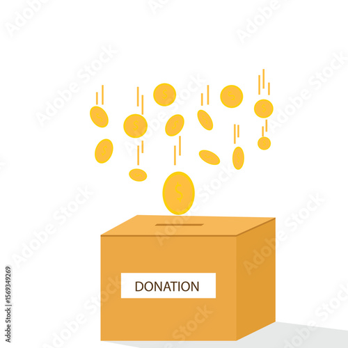 Donation box charity to the poor and needy people. Gold coins pouring into the donation box  Vector illustration