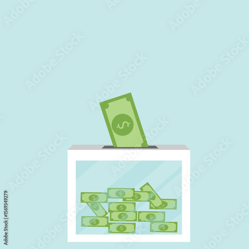 Donation box charity to the poor and needy people. paper money pouring into the donation box  Vector illustration