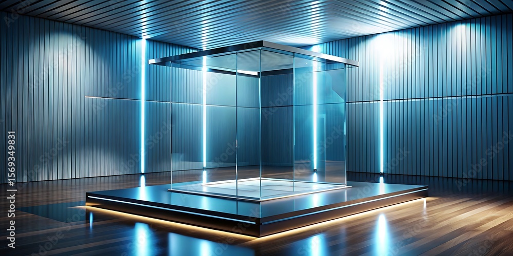 Obraz premium Glass cube display with vertical blue neon lights in a modern hall