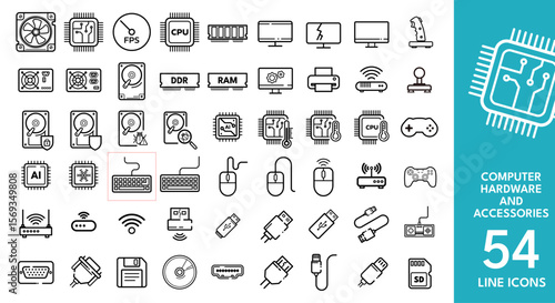 computer hardware and accessories – vector line icon set