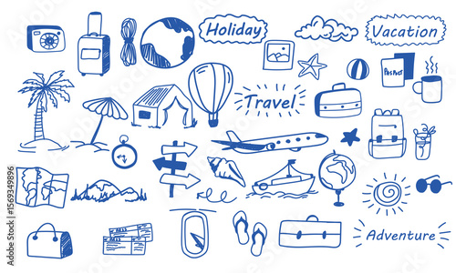 Hand-drawn travel doodle vector with passport, suitcase, map, airplane, umbrella, tent, globe, and beach icons. Great for vacation planners, adventure journals, summer cards, and sticker design.