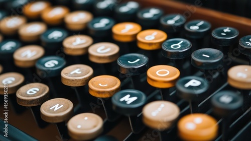 Vintage Typewriter Keys: Close-up of Lettered, Numbered, and Symbol Keys.