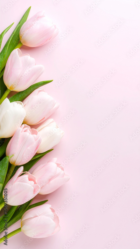 Obraz premium Soft Pink and White Tulips on a Pastel Pink Background