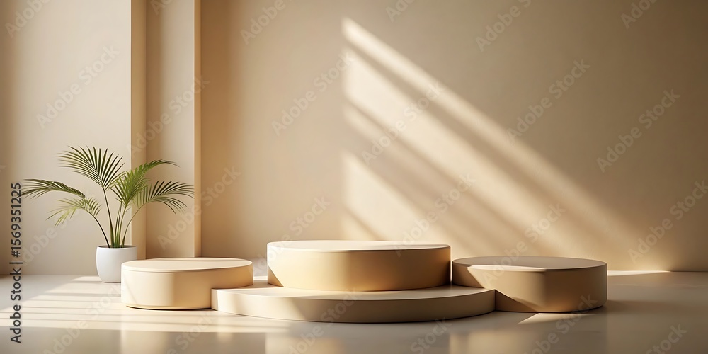 Minimalist beige podiums with a plant and soft light Minimalist beige podiums with a plant and soft light