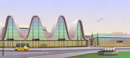 Airport building, modern glass and metal architecture, futuristic facade design. City infrastructure and environment, airport terminal, info display, road and sidewalk with parked taxi. Vector cartoon
