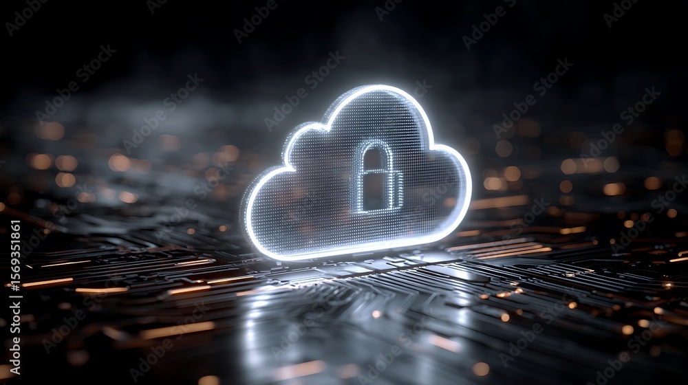 Cloud Security Concept with Padlock Inside Glowing Shape on Circuit Board Cloud Security Concept with Padlock Inside Glowing Shape on Circuit Board