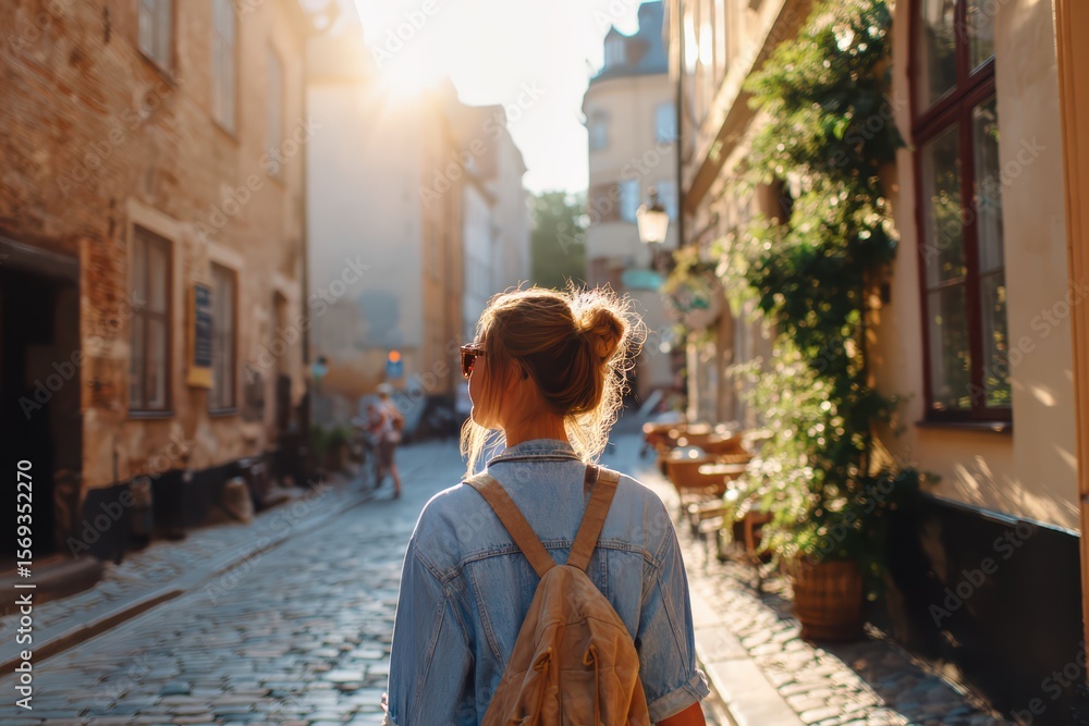 Obraz premium solo traveler from behind walking cobblestone alley in old town Europe