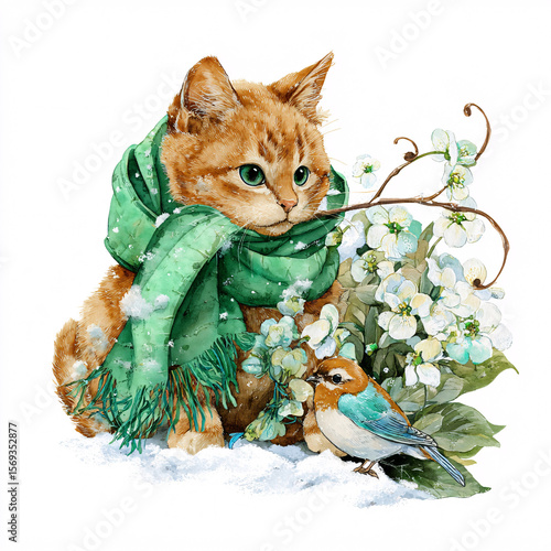 Cute ginger cat in a green scarf with a little bird in the snow, winter watercolor illustration.