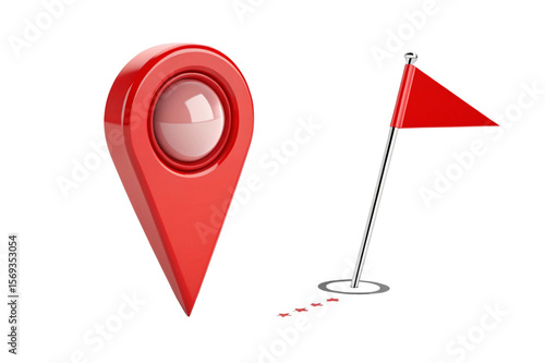 Red map pin marker and red flag on a stick with footprints isolated on transparent background