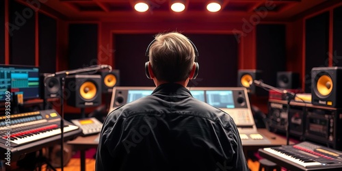 Studio musician's back, seated at mixing console, recording audio,  technology,  sound engineering