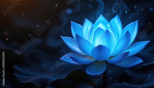 create a captivating image of a glowing blue lotus flower with multiple petals set against a dark, starry background, the lotus should appear ethereal and otherworldly