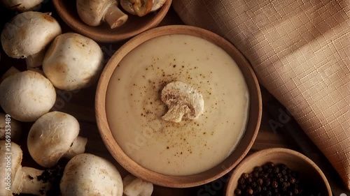 Mushroom soup rustic warm tone kitchen backdrop concept close up stock footage