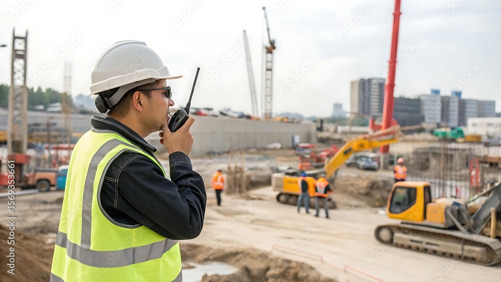 A construction worker using a walkie talkie on a construction site with heavy machinery visible A construction worker using a walkie talkie on a construction site with heavy machinery visible