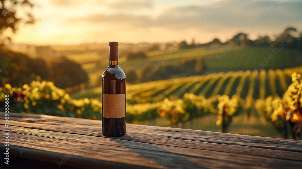 Fototapeta premium Wine Bottle Mockup on Wooden Table Overlooking Vineyard at Sunset
