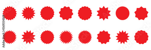 Set of red star burst shape tags for price. Circle sticker set. Wavy edge promo black badges.  Blank sale stickers. Simple silhouette. Flat vintage labels isolated on transparent background.