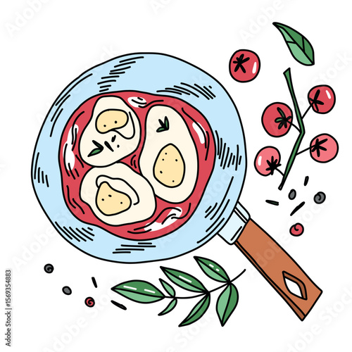 Large pan with eggs boiled in tomatoes with herbs, shakshuka for breakfast in doodle style