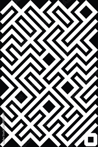 black and white abstract geometric pattern featuring maze-like shapes and structures. Ideal for modern designs, graphical backdrops, or conceptual visual artistry reflecting complexity and minimalism.