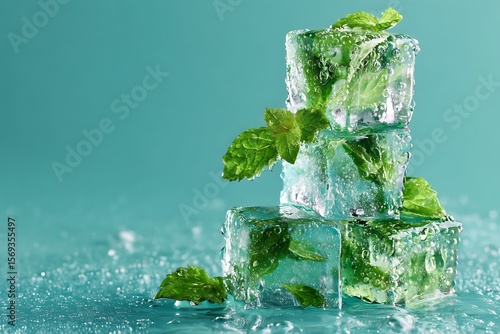Refreshing Mint Leaves Frozen in Ice Cubes, Teal Background