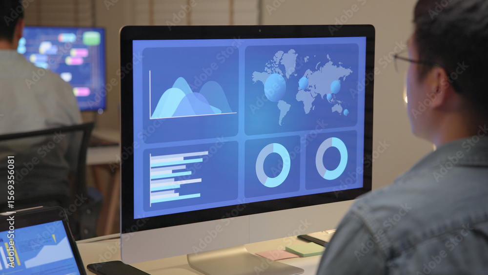Naklejka premium Asia people expert man tech talent team working on project predict sales insight SEO graph chart AI plan visual big data science report center BI smart tools screen. Office worker asian analyst job.