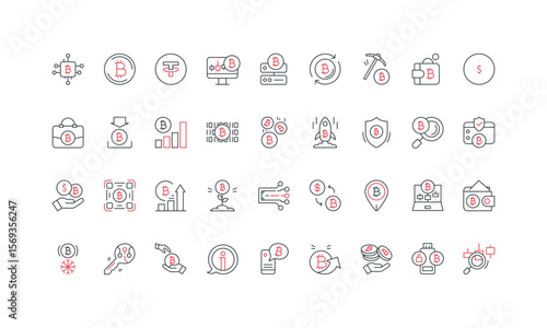 Bitcoin, cryptocurrency transfer and exchange, trade and crypto mining line icon set. Alternative digital money, blockchain, hot and cold wallet thin black and red outline symbols vector illustration