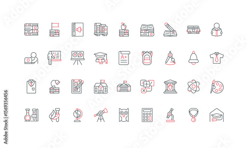 Back to school, student and teacher in classroom, graduation line icon set. Learn and test astronomy and geography, biology and physics, chemistry lesson thin black and red symbols vector illustration
