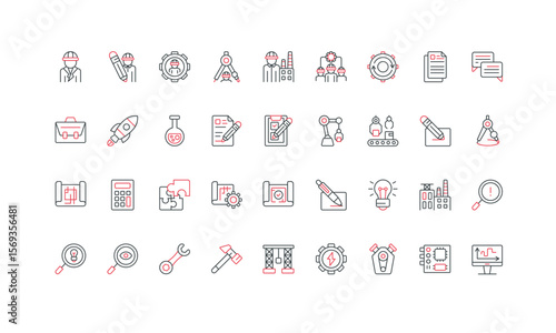 Engineering and manufacturing, equipment and work process of factory technician, engineer and worker line icon set. Project blueprint and startup thin black and red symbols vector illustration