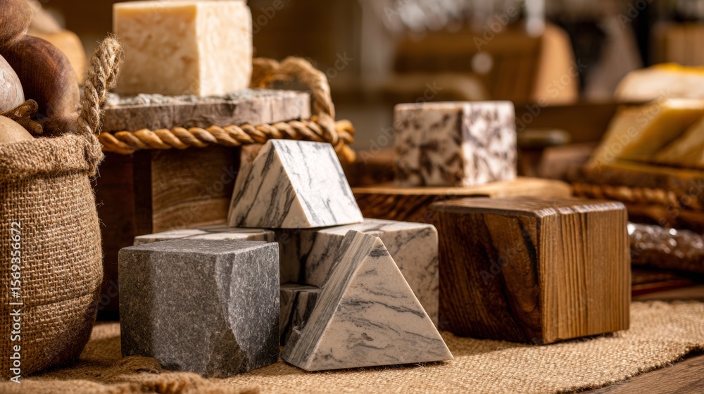 Fototapeta premium Rustic handmade soap and natural ingredients stacked with wooden base for organic skincare visuals branding concept