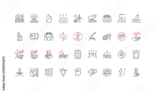 Environment problem and eco friendly solution for ecology protection line icon set. Wildlife conservation, renewable energy development, zero waste thin black and red symbols vector illustration