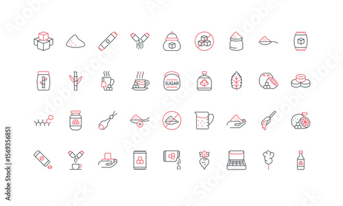 Sugar and sweetener product, maple syrup, fructose and erythritol line icon set. Sugar in spoon and sachet or package, powder and cubes, bottle and box thin black and red symbols vector illustration