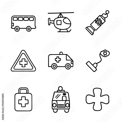 Emergency services vector icons including ambulance, helicopter, and first aid  