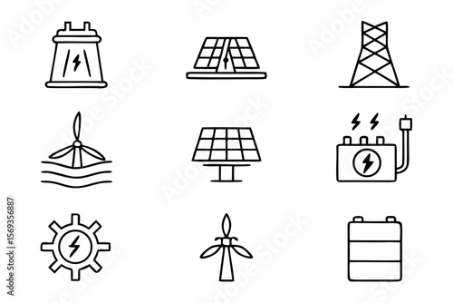 Energy icons set with symbols of renewable resources and electricity  
