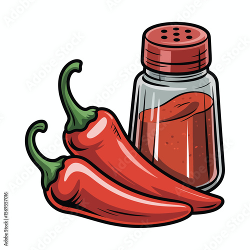 Two Red Chili Peppers and a Spice Shaker