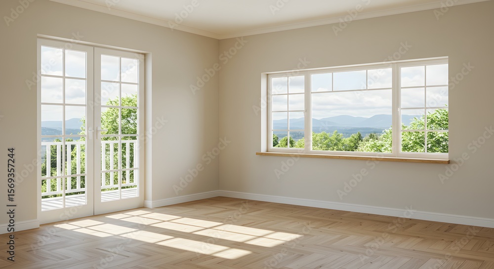Fototapeta premium Empty room with French doors and window overlooking a green landscape