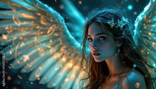 create a captivating portrait of a beautiful angel woman in a magical fantasy setting, she is positioned on an abstract galaxy background, glowing with energy lights and particles