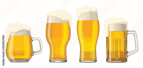 Four Glasses of Frothy Beer with White Background