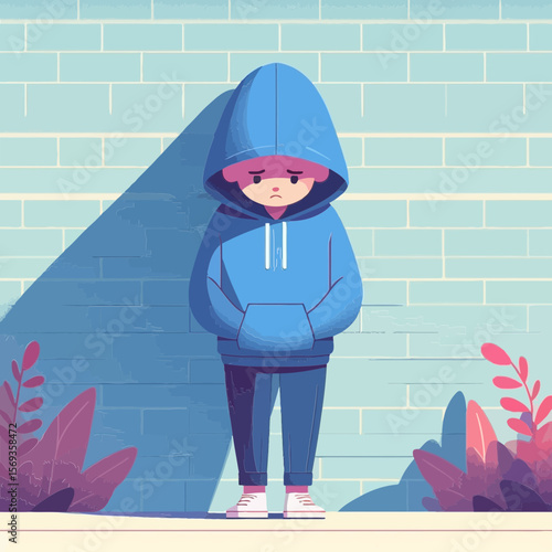 sad child in a blue hoodie against a brick wall, suitable for blogs about childhood depression, loneliness, social anxiety, or mental health awareness