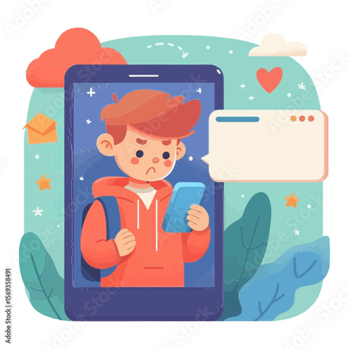 sad boy looking at his phone, with social media notifications in the background, suitable for blogs about digital addiction, screen time, or mental health in children