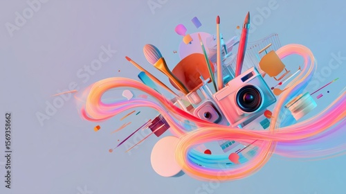 Vibrant abstract composition of glowing creative tools like a brush camera lens and microphone surrounded by data streams symbolizing content creation and marketing