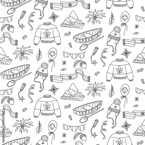 pattern of vector doodle illustrations on a Canadian theme in the style of flat contours. Canada Day. Individual objects, recreation areas on a white background. Ideal for creating handmade souvenirs