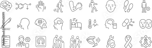 Parkinson disease symptoms and treatment process illustrated in minimal linear set. Medical vector illustration showing motor, cognitive, emotional and therapeutic aspects of the condition.