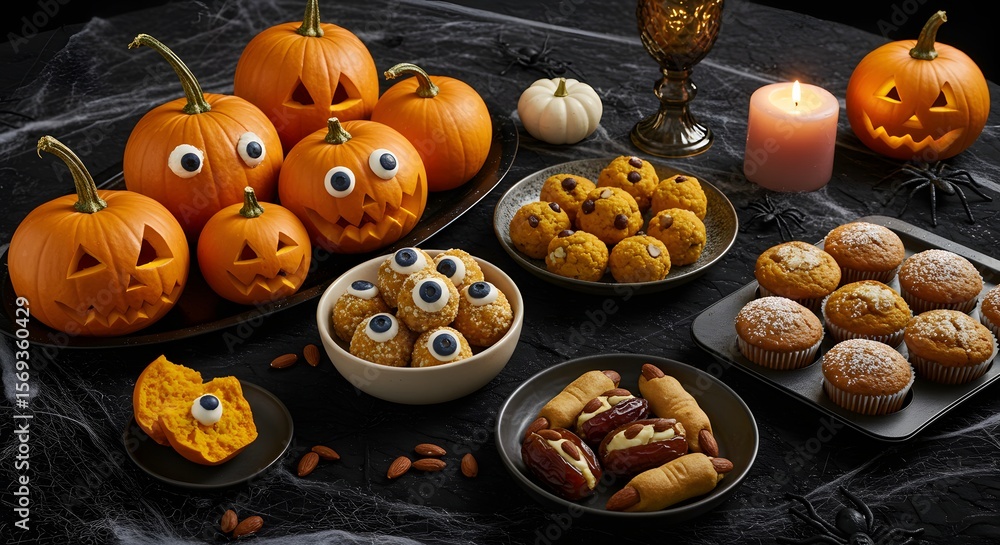 Cookies and pumpkin on Halloween style. Eyeballs and jack-o-lantern. Cookies and pumpkin on Halloween style. Eyeballs and jack-o-lantern.