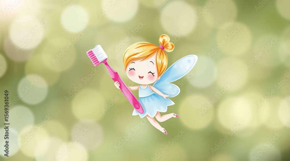 Cute little fairy with toothbrush on bokeh background. Cute little fairy with toothbrush on bokeh background.