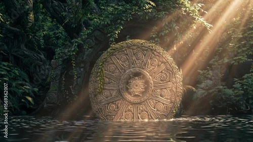 Mysterious ancient stone in serene water surrounded by lush jungle under golden sunlight