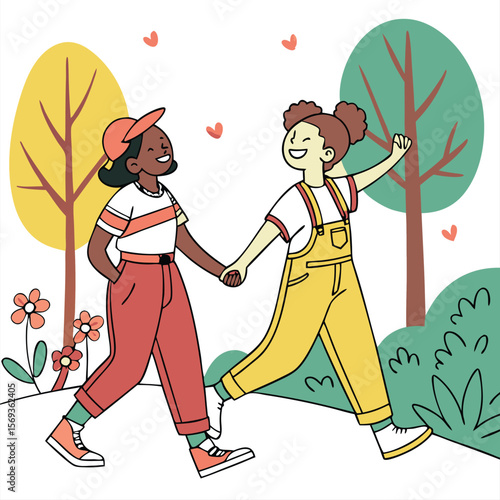 A cheerful illustration of two diverse girls holding hands and walking through a park.