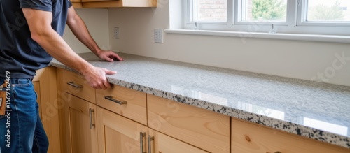 Construction worker installing concept. Man installing a granite countertop in a modern kitchen.
