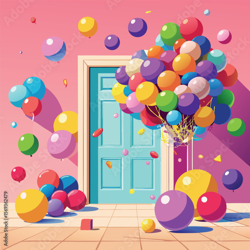 A colorful explosion of balloons floating out of an open door silhouette