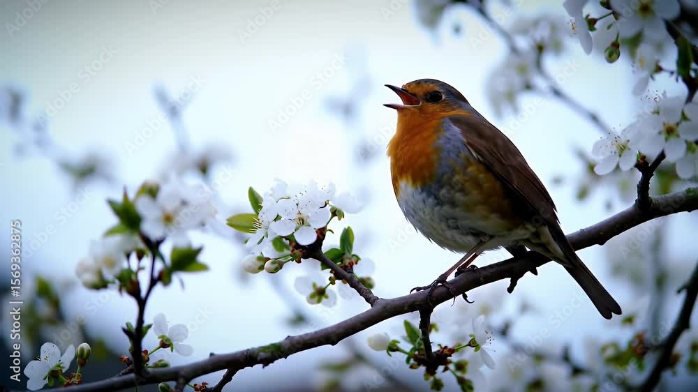 Orange Breasted Robin Perched on Blossoming Branch Adorned with Delicate White Flowers in Garden Orange Breasted Robin Perched on Blossoming Branch Adorned with Delicate White Flowers in Garden