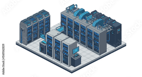 Isometric vector illustration of a server room with data center equipment for it design and technology concepts