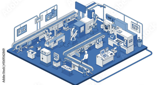 Isometric factory automation vector illustration - modern industrial design for technology and manufacturing concepts